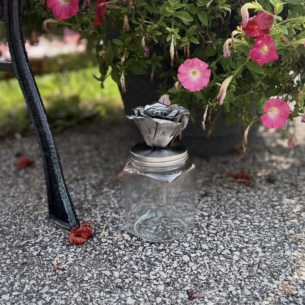 Steel Rose Jar — welded metal art by Jarvis